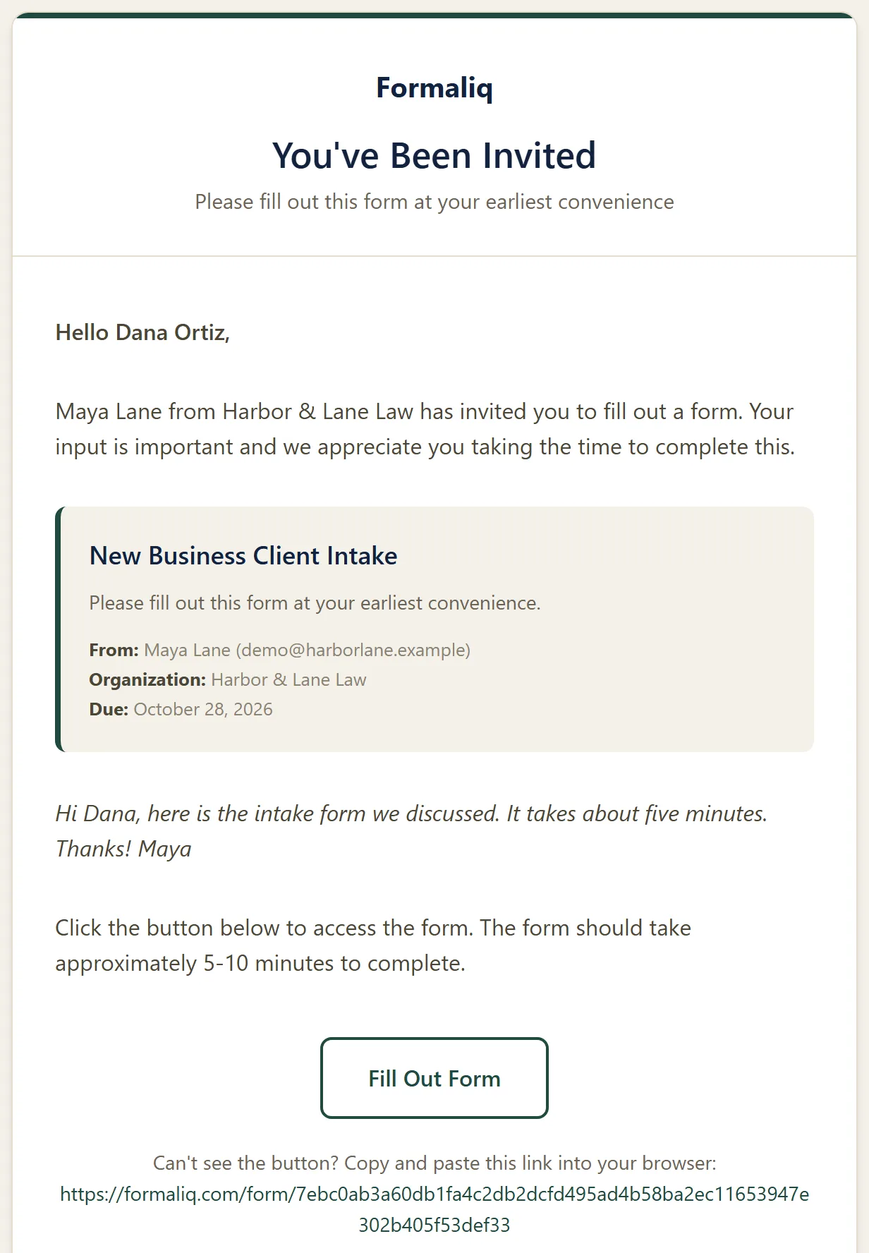 The invitation email Dana Ortiz receives, with the form name, Maya’s personal message, and a Fill Out Form button
