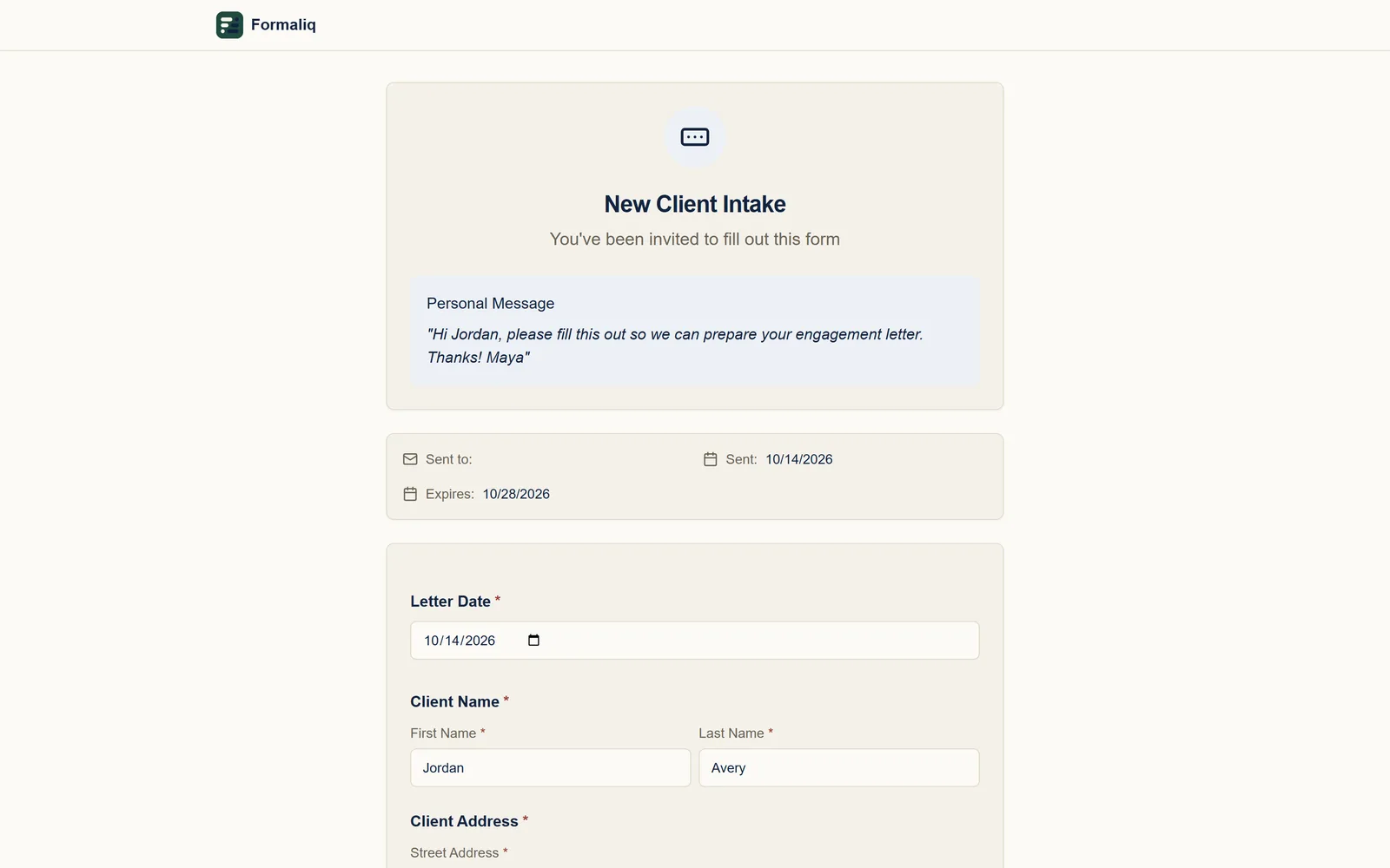 What the client sees: the New Client Intake form, with Maya’s personal message and the first questions filled in