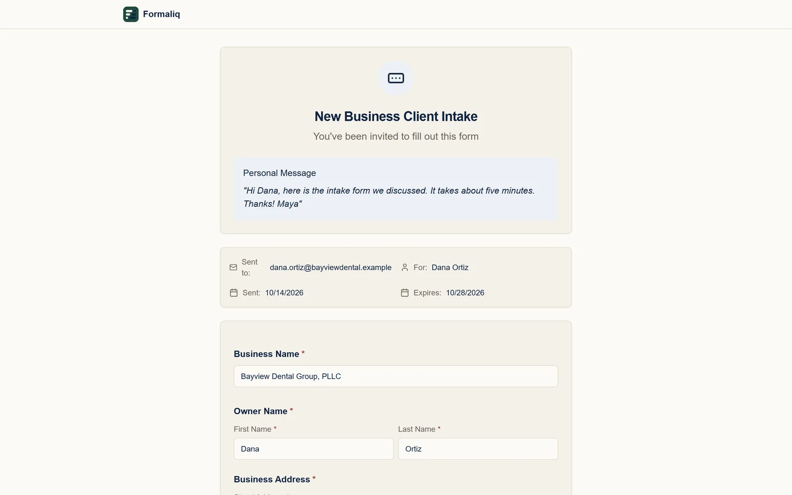 What the client sees: the New Business Client Intake form, with the business name, owner name, and business address filled in