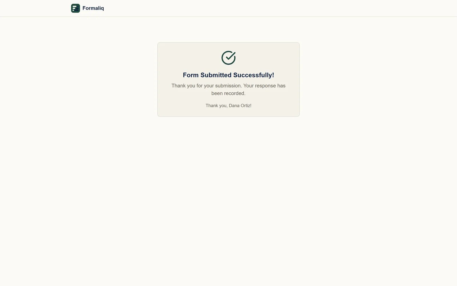 The confirmation the client sees after submitting: Form Submitted Successfully, thank you, Dana Ortiz