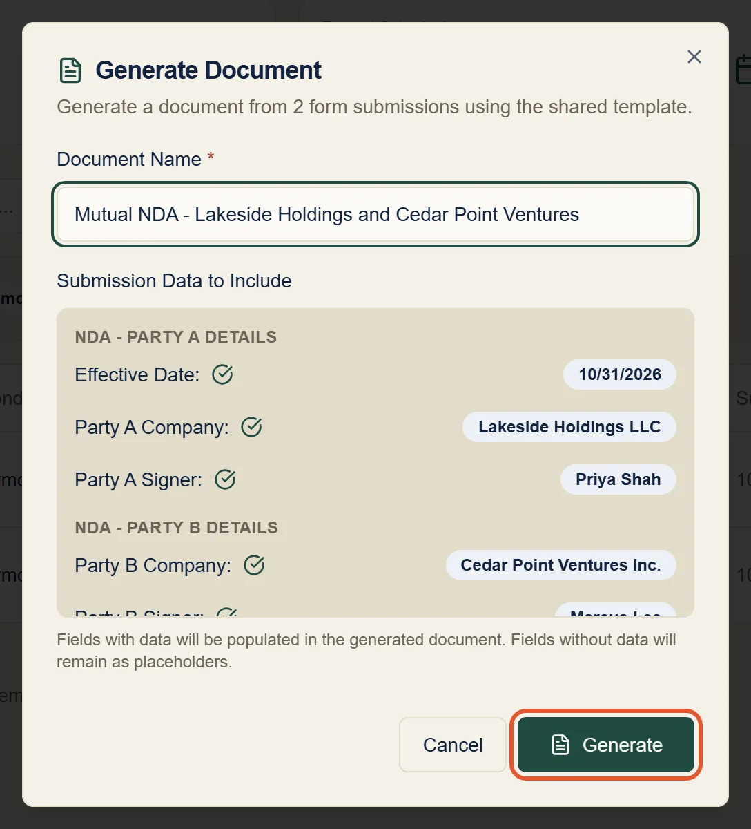 The Generate Document dialog for two submissions, listing Party A’s and Party B’s answers grouped by form