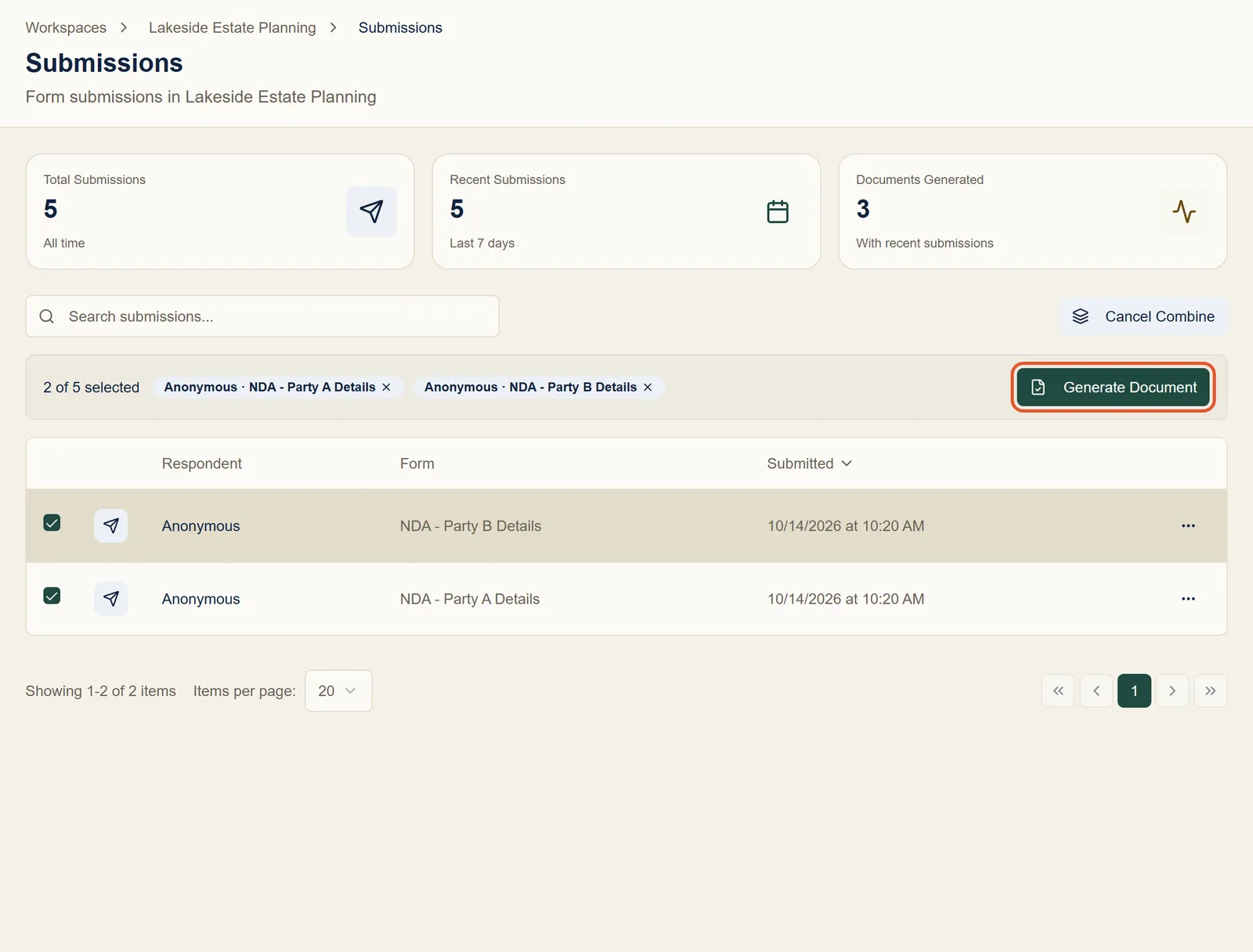 The Submissions page in combine mode, with the Party A and Party B submissions selected and the Generate Document button