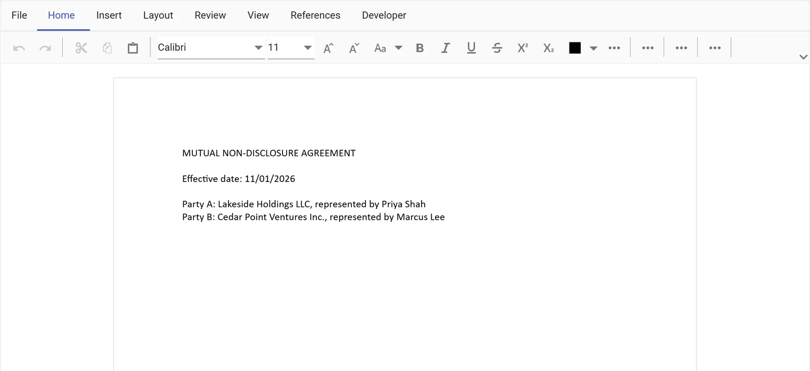 The generated mutual NDA, filled in with Party A Lakeside Holdings LLC and Party B Cedar Point Ventures Inc.
