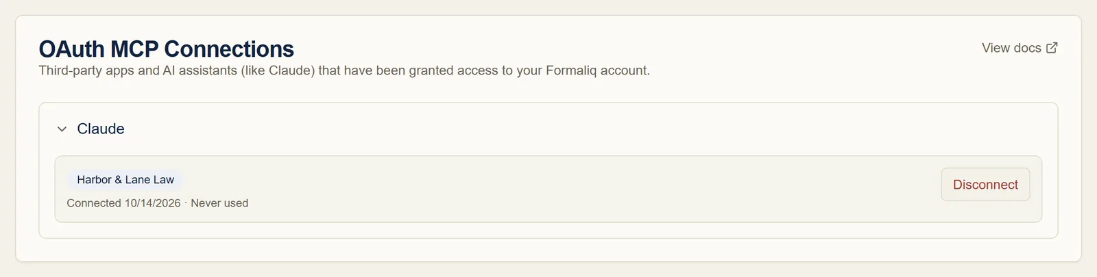 Formaliq’s OAuth MCP Connections settings, showing Claude connected to Harbor and Lane Law with a Disconnect button