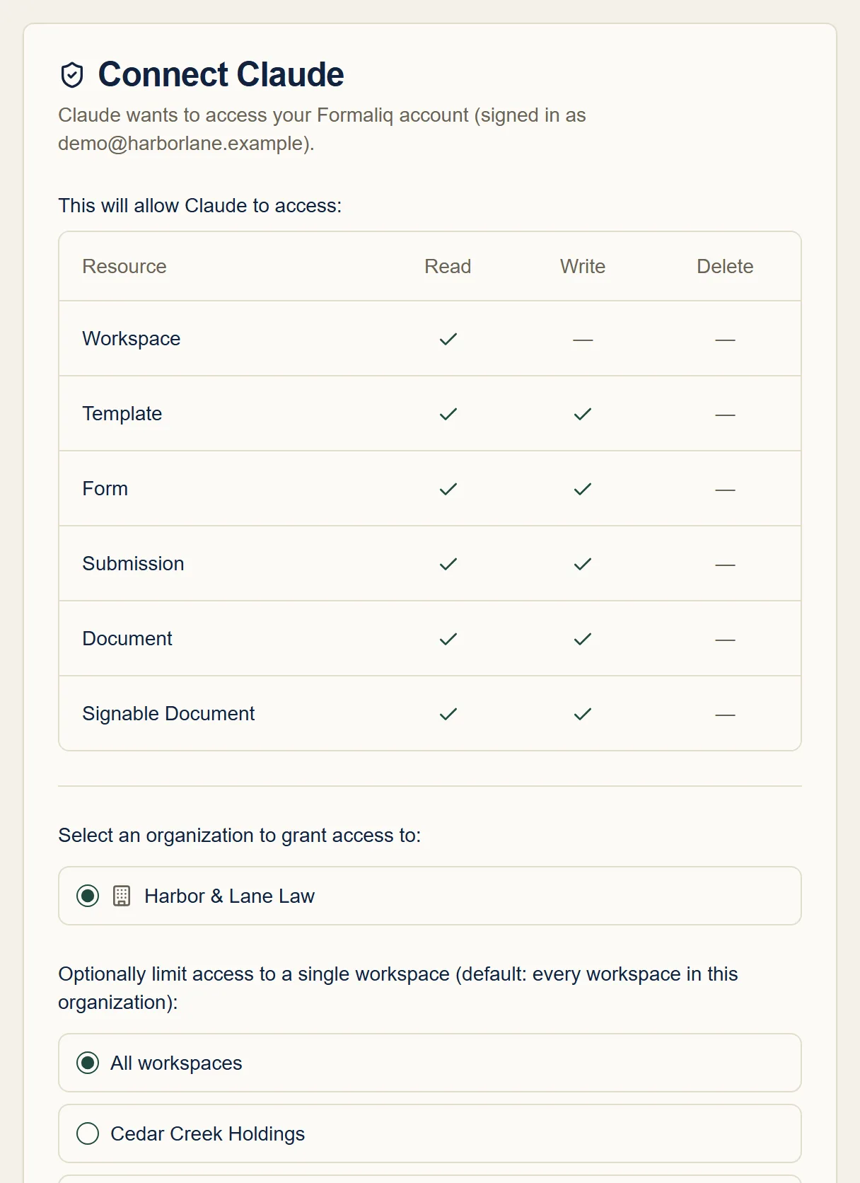 The Connect Claude screen listing Claude’s read and write access, with Harbor and Lane Law and All workspaces selected