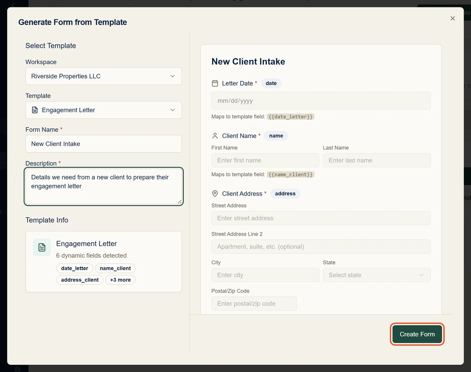 The Generate Form from Template dialog, with the form name New Client Intake and a preview of the generated questions