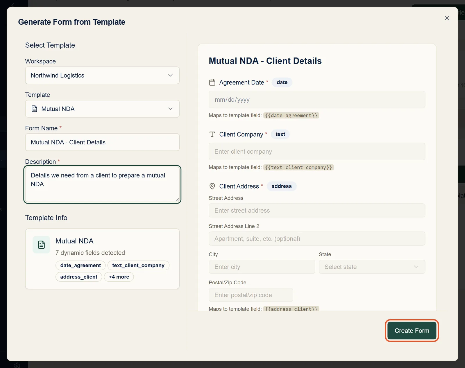 The Generate Form from Template dialog, showing seven fields detected and a preview of the generated questions