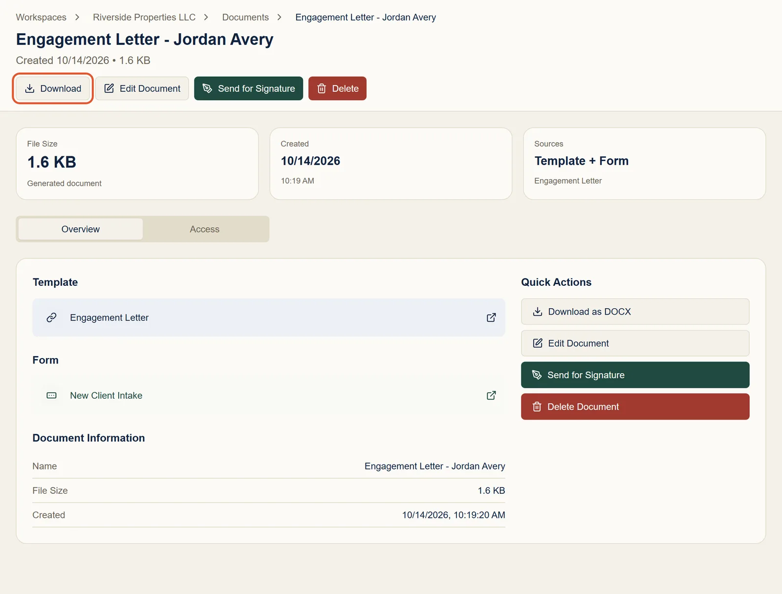 The generated document’s page, with the Download, Edit Document, and Send for Signature buttons
