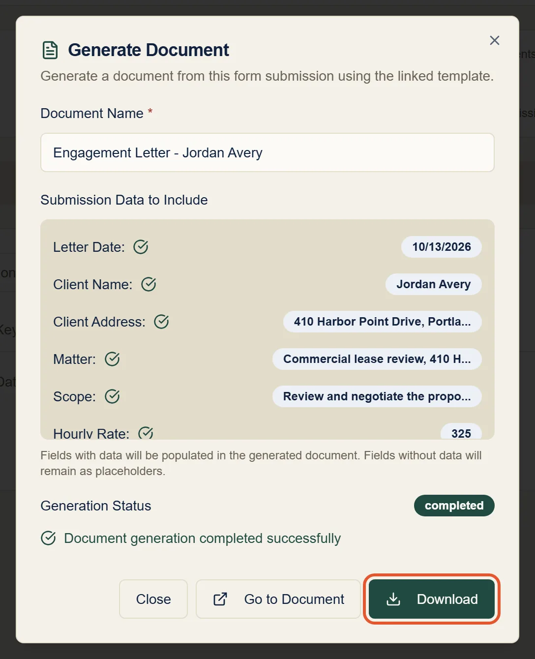 The Generate Document dialog showing generation completed successfully, with Download and Go to Document buttons
