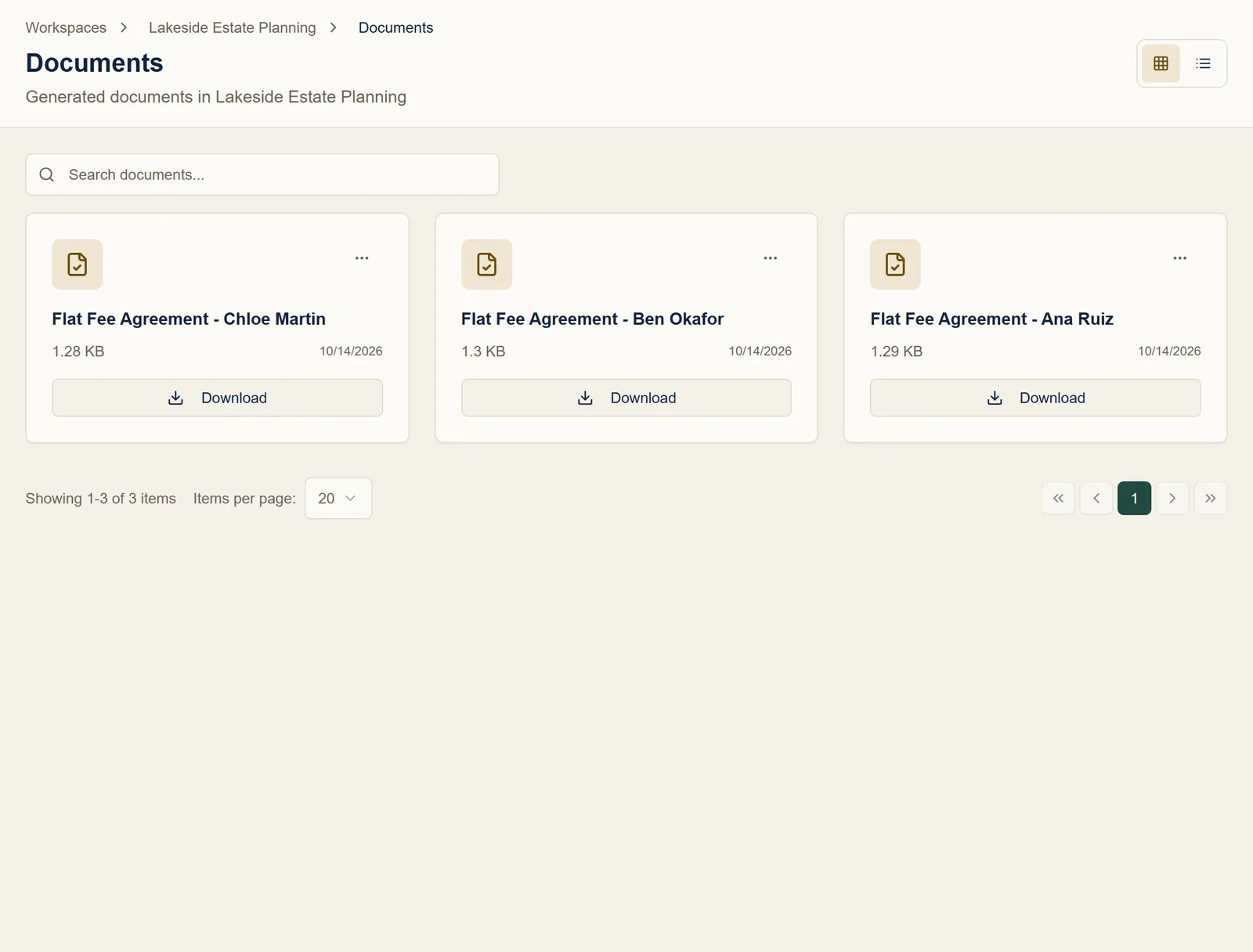 The workspace’s Documents page with generated flat fee agreements for Chloe Martin, Ben Okafor, and Ana Ruiz