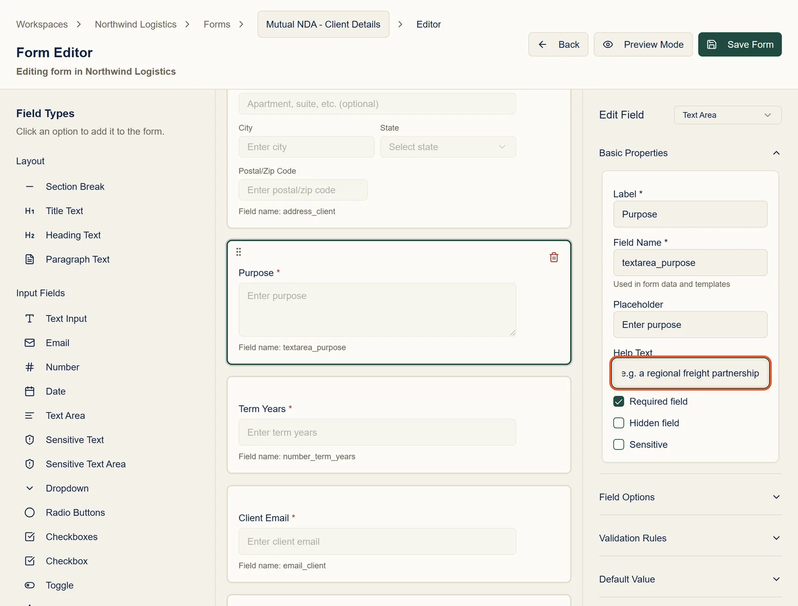The form editor with the Purpose question selected, and help text added in the Edit Field panel