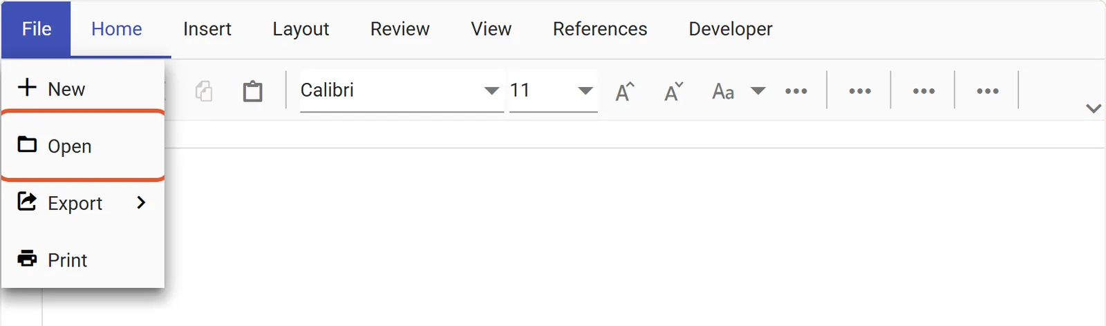 The template editor’s File menu open, with Open highlighted