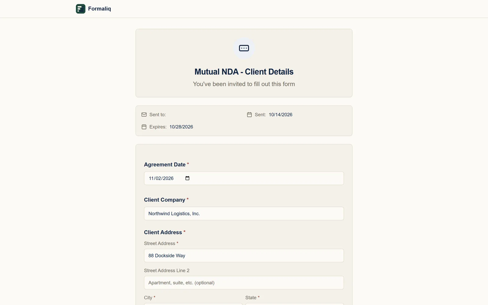 The finished fillable form, Mutual NDA - Client Details, as the person filling it out sees it