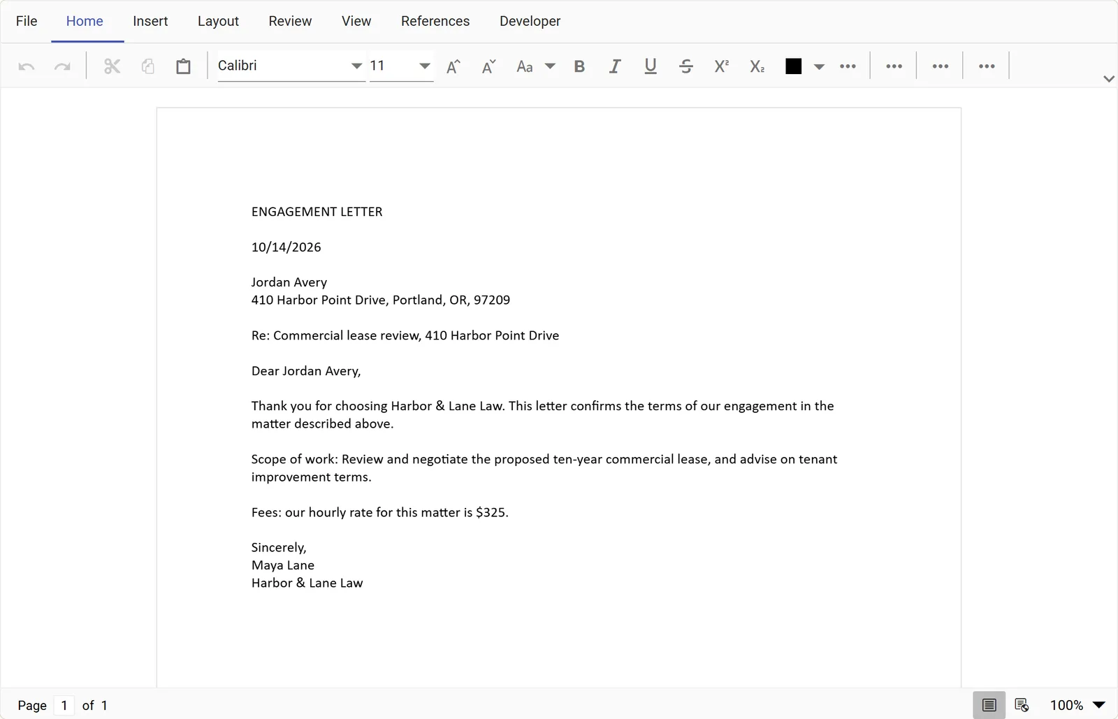 The finished engagement letter for Jordan Avery, with name, address, matter, scope, and hourly rate filled in from the form
