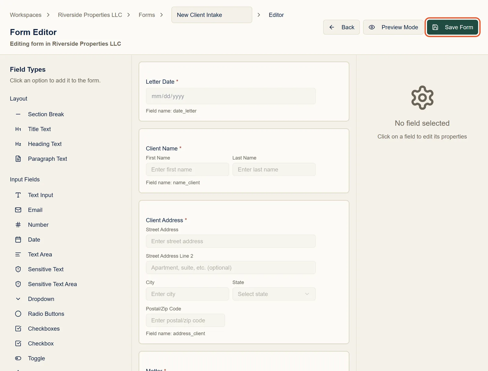 The form editor showing the generated Letter Date, Client Name, and Client Address questions, and the Save Form button