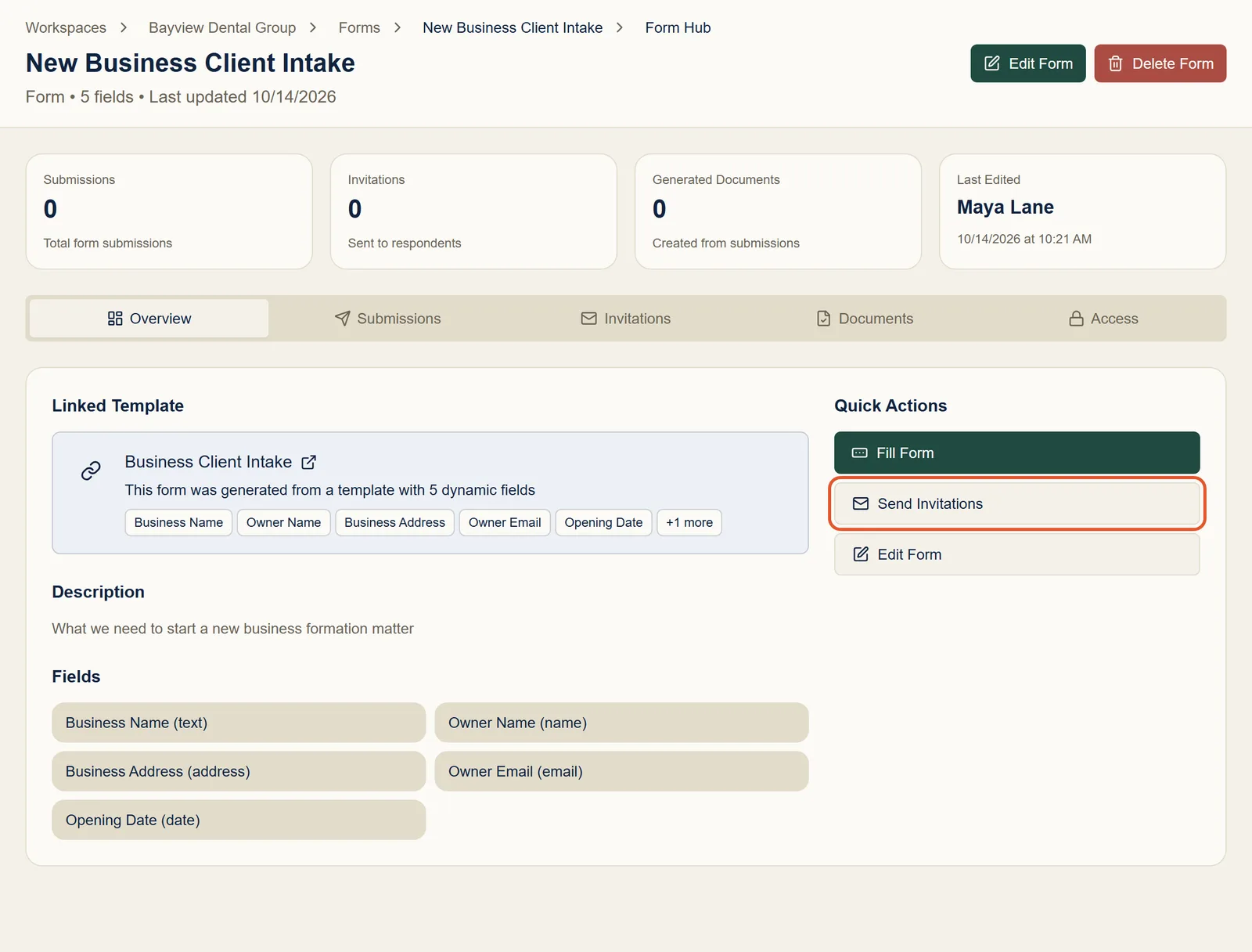 The form’s overview page with the Send Invitations button highlighted under Quick Actions