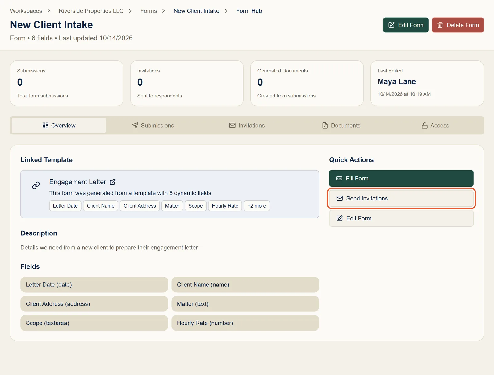 The form’s overview page with the Send Invitations button highlighted under Quick Actions