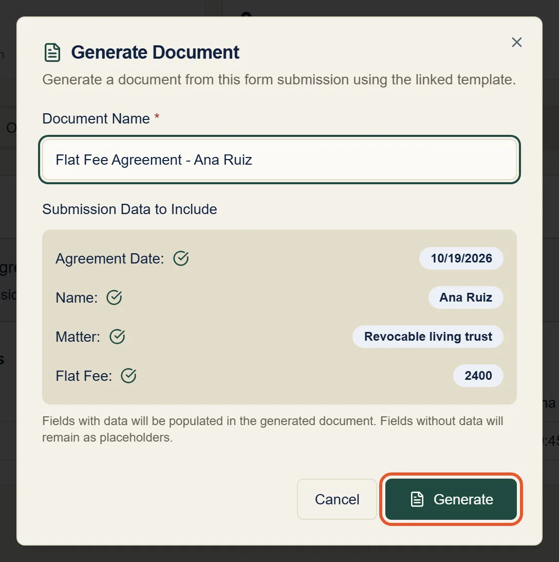 The Generate Document dialog named Flat Fee Agreement - Ana Ruiz, listing the client’s answers above the Generate button