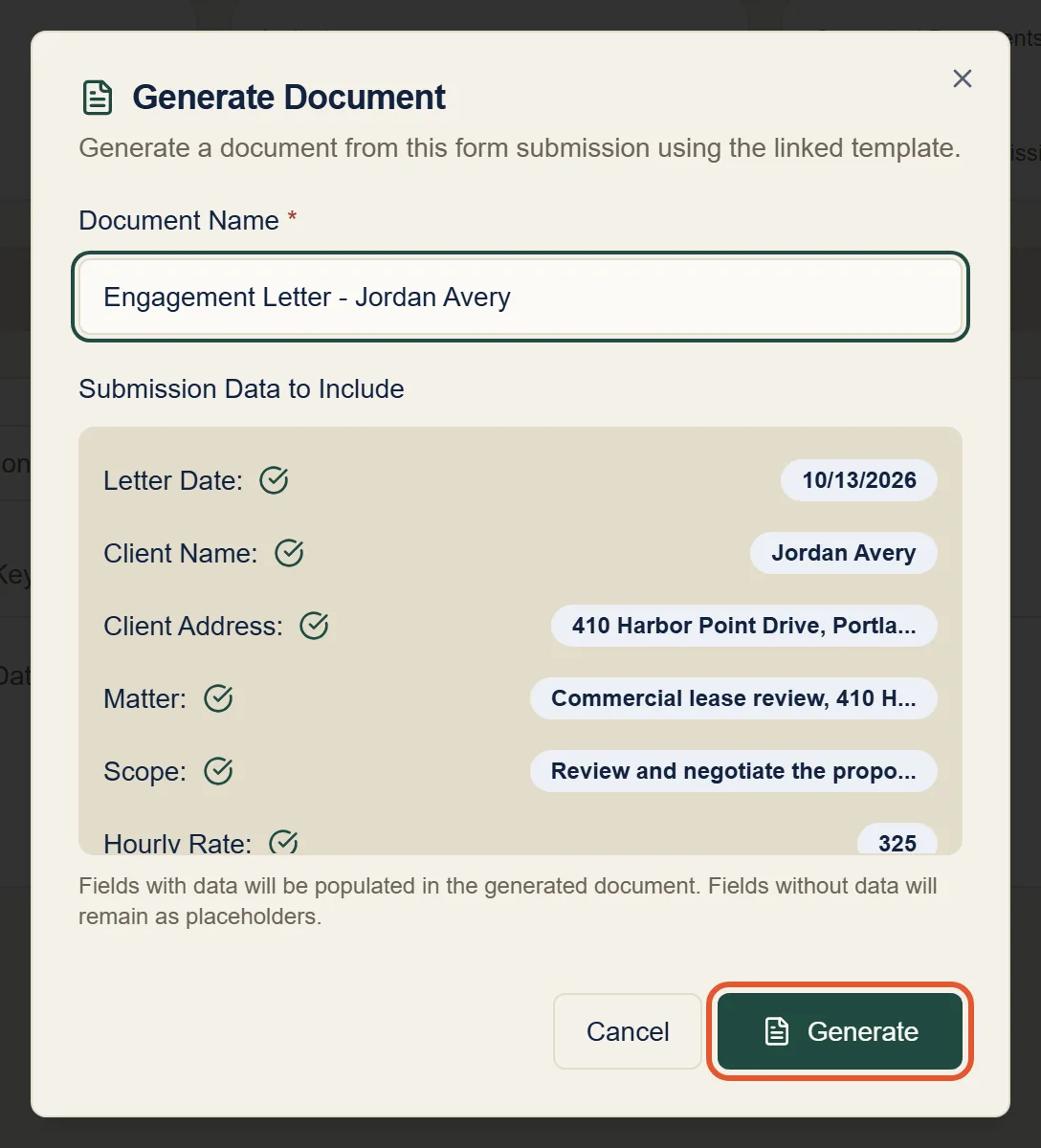 The Generate Document dialog with the document name filled in and the Generate button highlighted