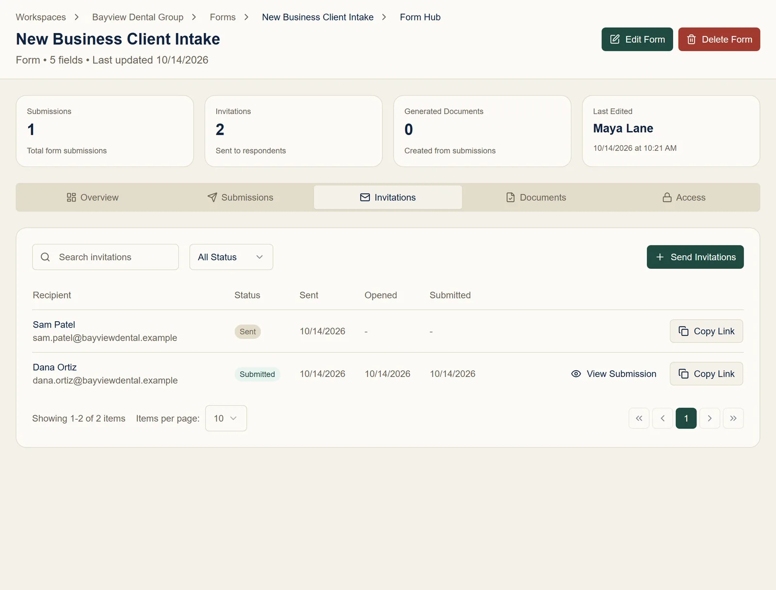 The form’s Invitations tab, with Dana Ortiz’s invitation Submitted and Sam Patel’s Sent, and the date of each step