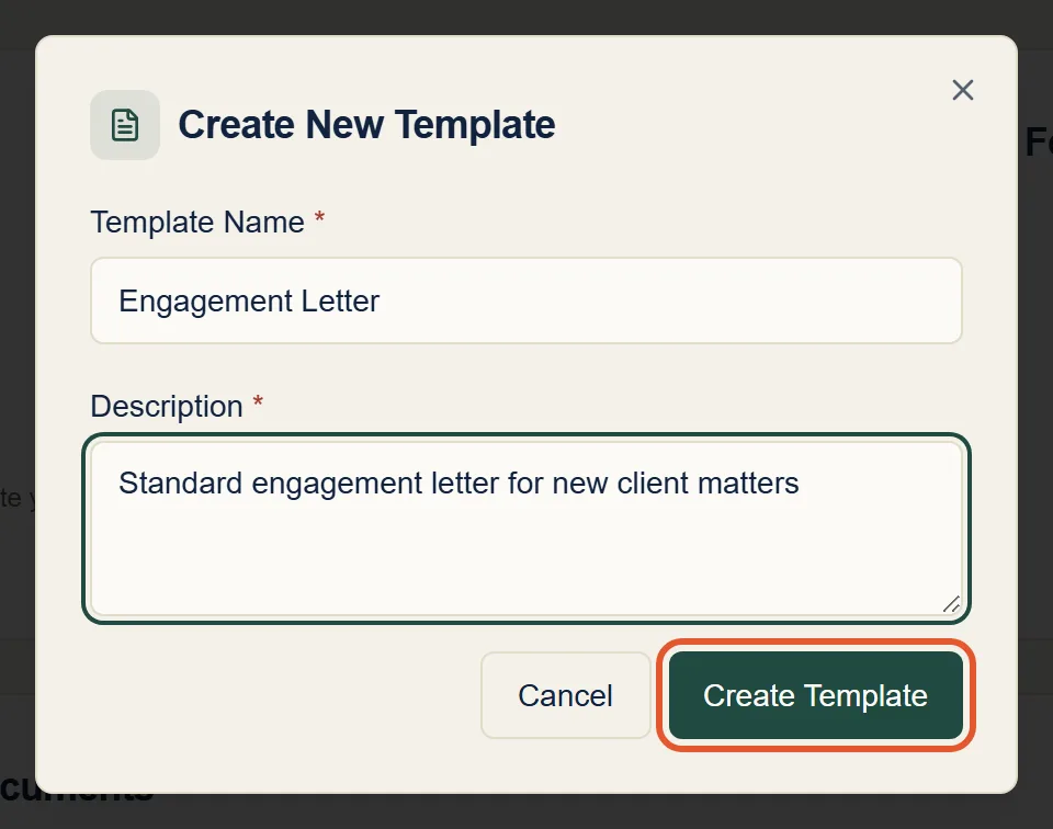 The Create New Template dialog with the name Engagement Letter and a description filled in