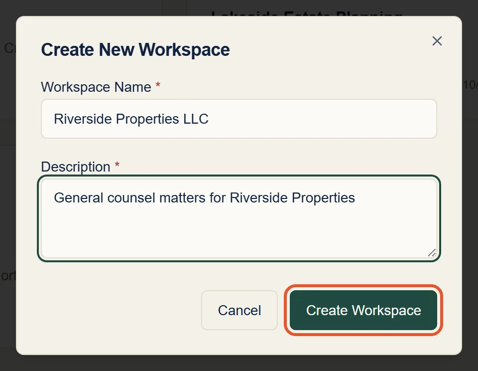 The Create New Workspace dialog with the name Riverside Properties LLC filled in and the Create Workspace button highlighted