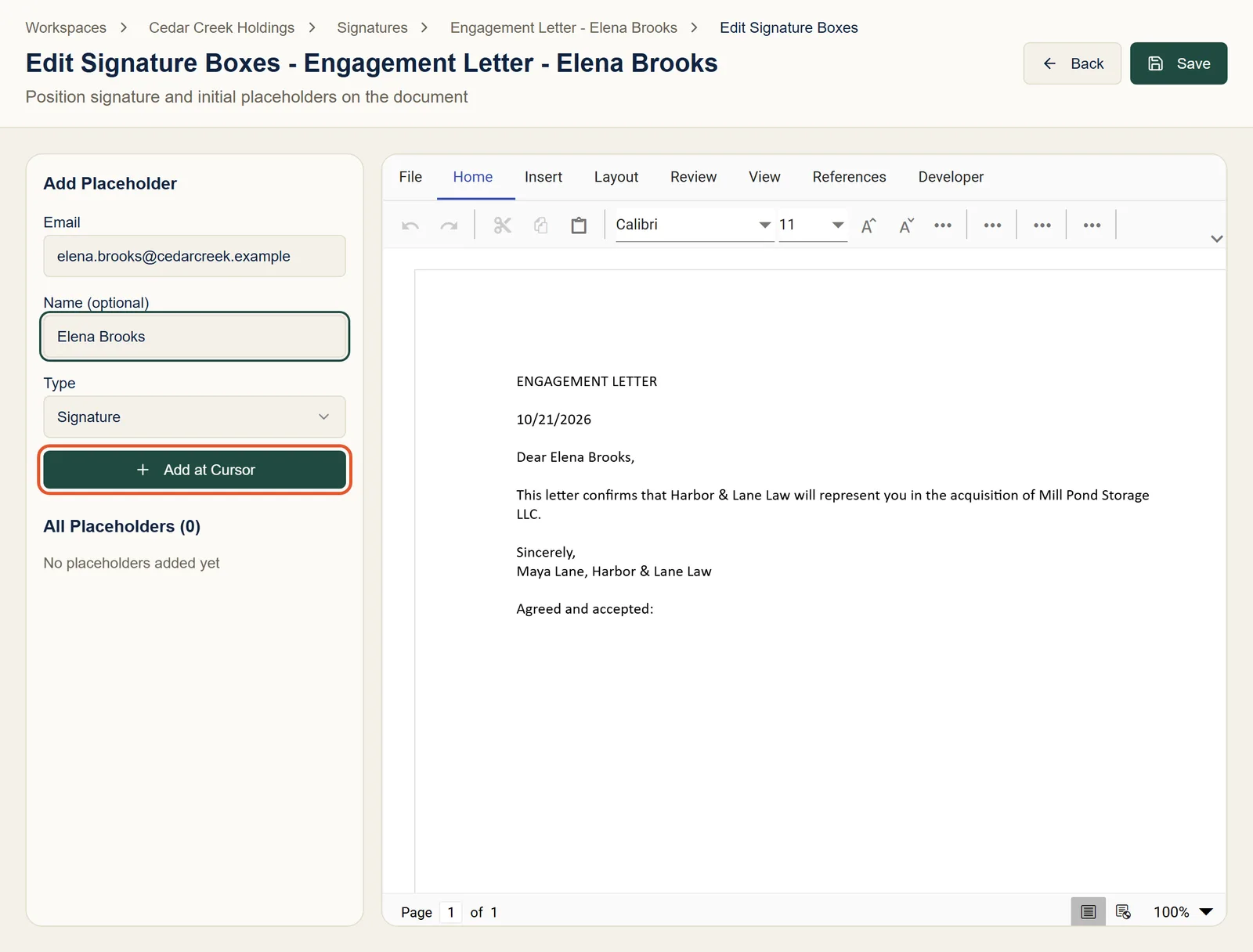 The Edit Signature Boxes page with Elena Brooks’s email and name entered, Type set to Signature, and the Add at Cursor button