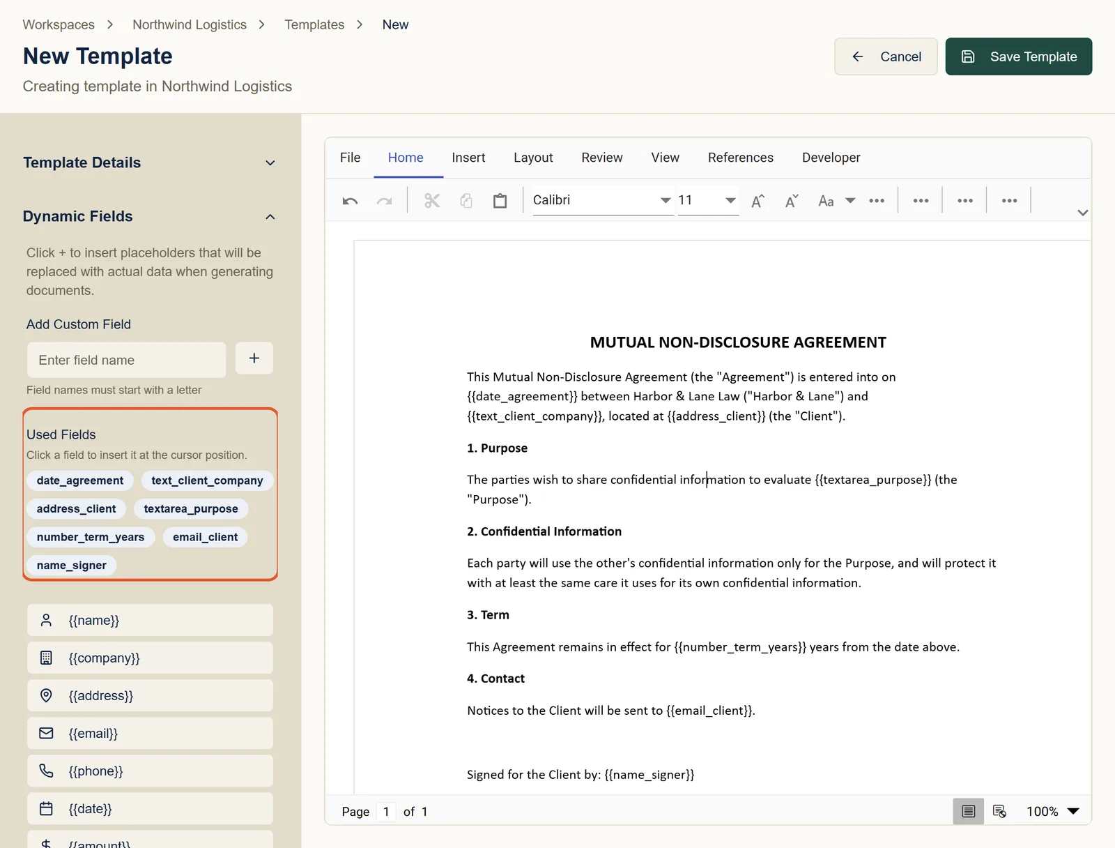 The NDA with every blank replaced by a placeholder, and all seven placeholders listed under Used Fields