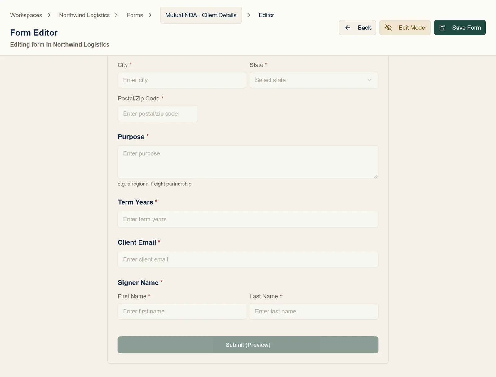 The form in Preview Mode, showing the Purpose question with its help text, followed by the remaining questions