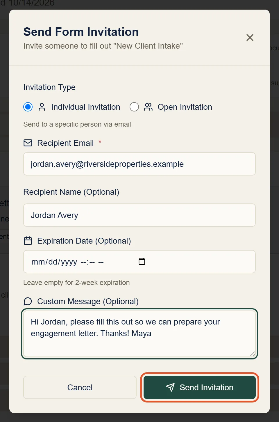 The Send Form Invitation dialog with the client’s email address, name, and a personal message filled in