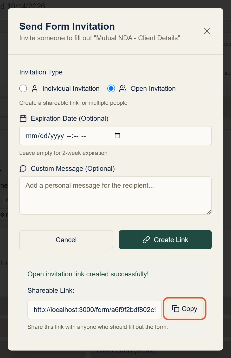 The Send Form Invitation dialog with Open Invitation selected, the shareable link created, and the Copy button highlighted