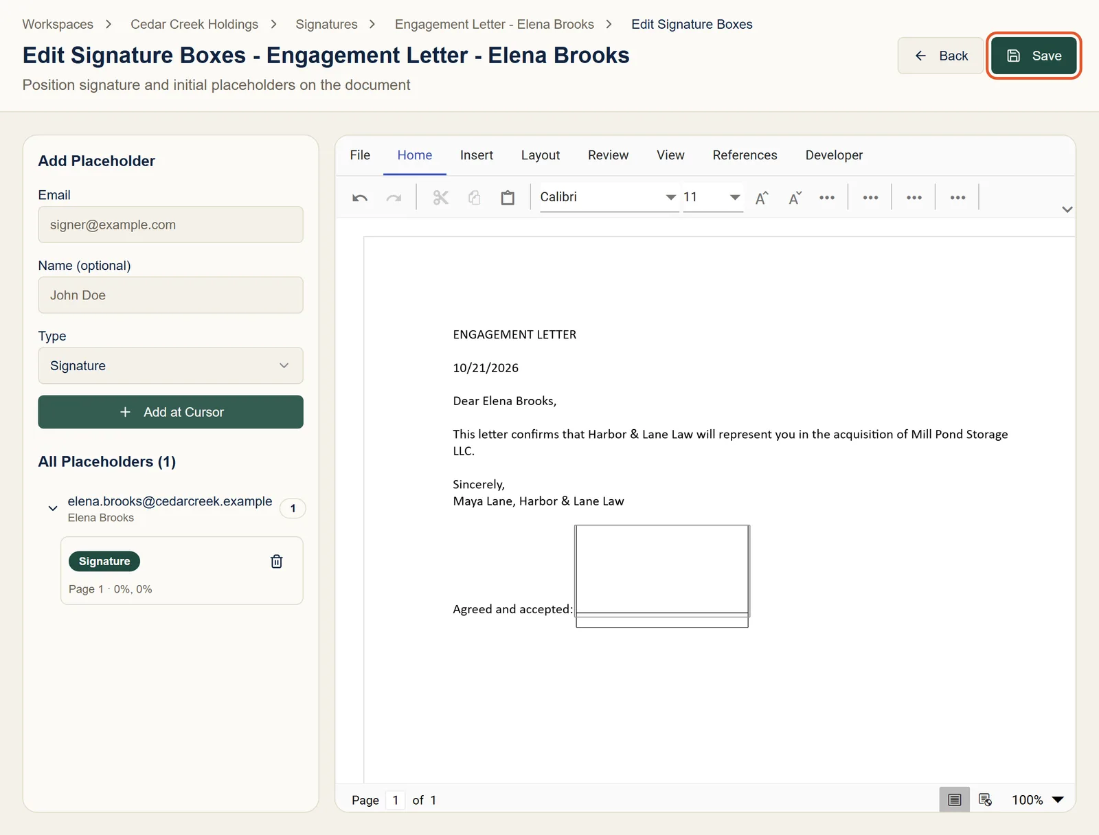 The engagement letter with a signature box placed after Agreed and accepted, and one placeholder listed