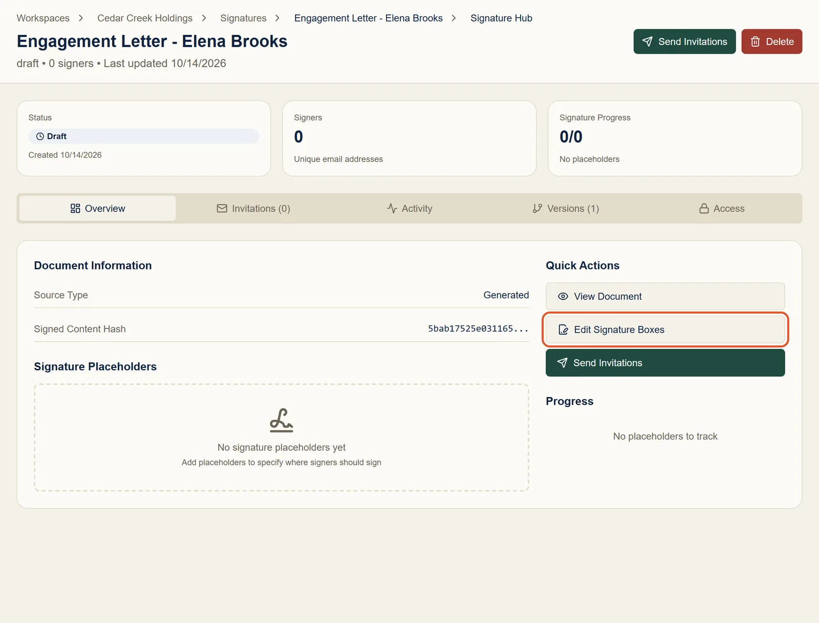 The new signature page in Draft, with no signature placeholders yet and the Edit Signature Boxes button highlighted