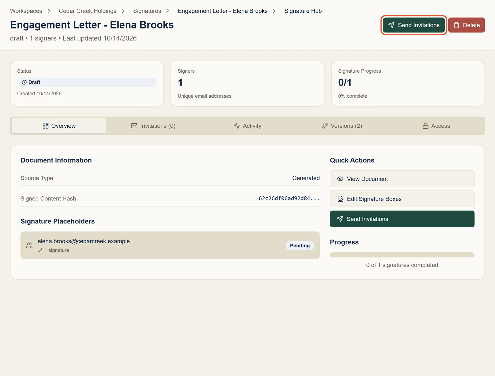 The signature page with one signer and one placeholder, and the Send Invitations button highlighted