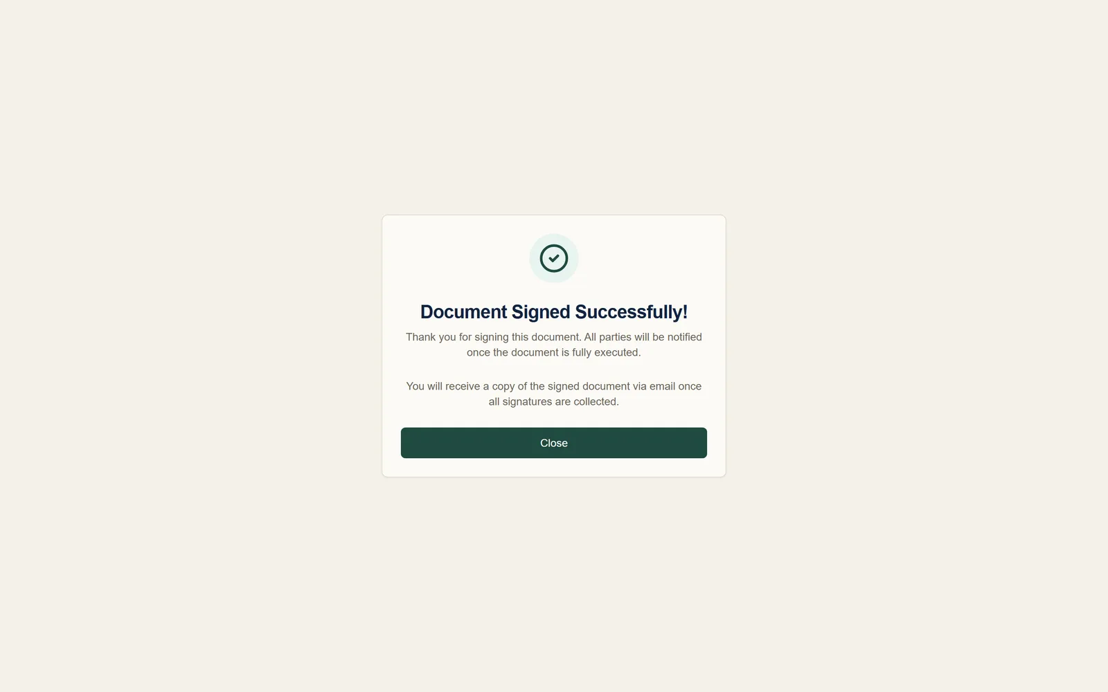 The Document Signed Successfully confirmation the signer sees