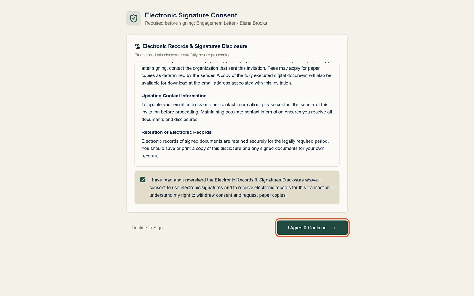 The Electronic Signature Consent page, with the consent box ticked and the I Agree and Continue button highlighted