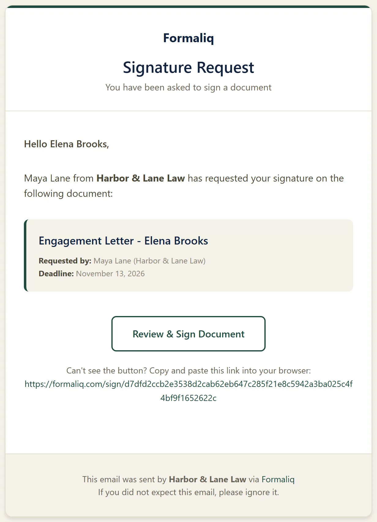 The signature request email Elena Brooks receives, with the document name, deadline, and a Review and Sign Document button