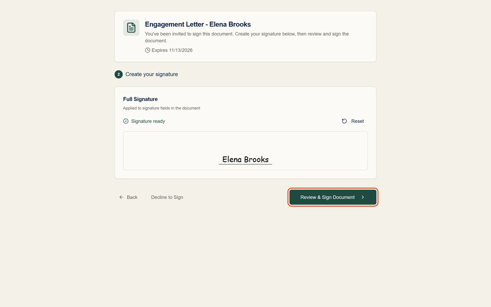 The Create your signature step, with Elena Brooks’s typed signature ready and the Review and Sign Document button highlighted