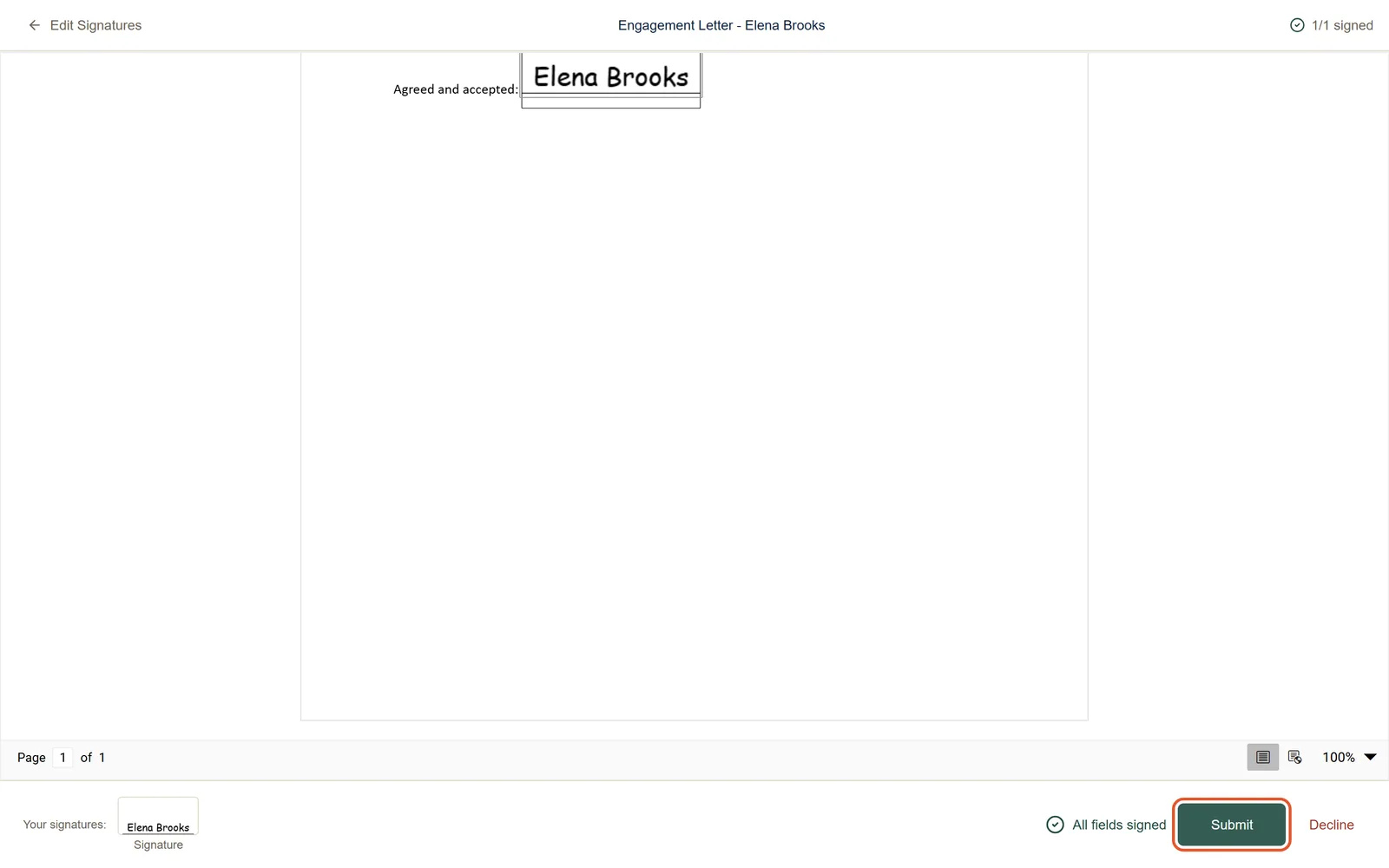 The signing view with Elena Brooks’s signature applied to the document, all fields signed, and the Submit button