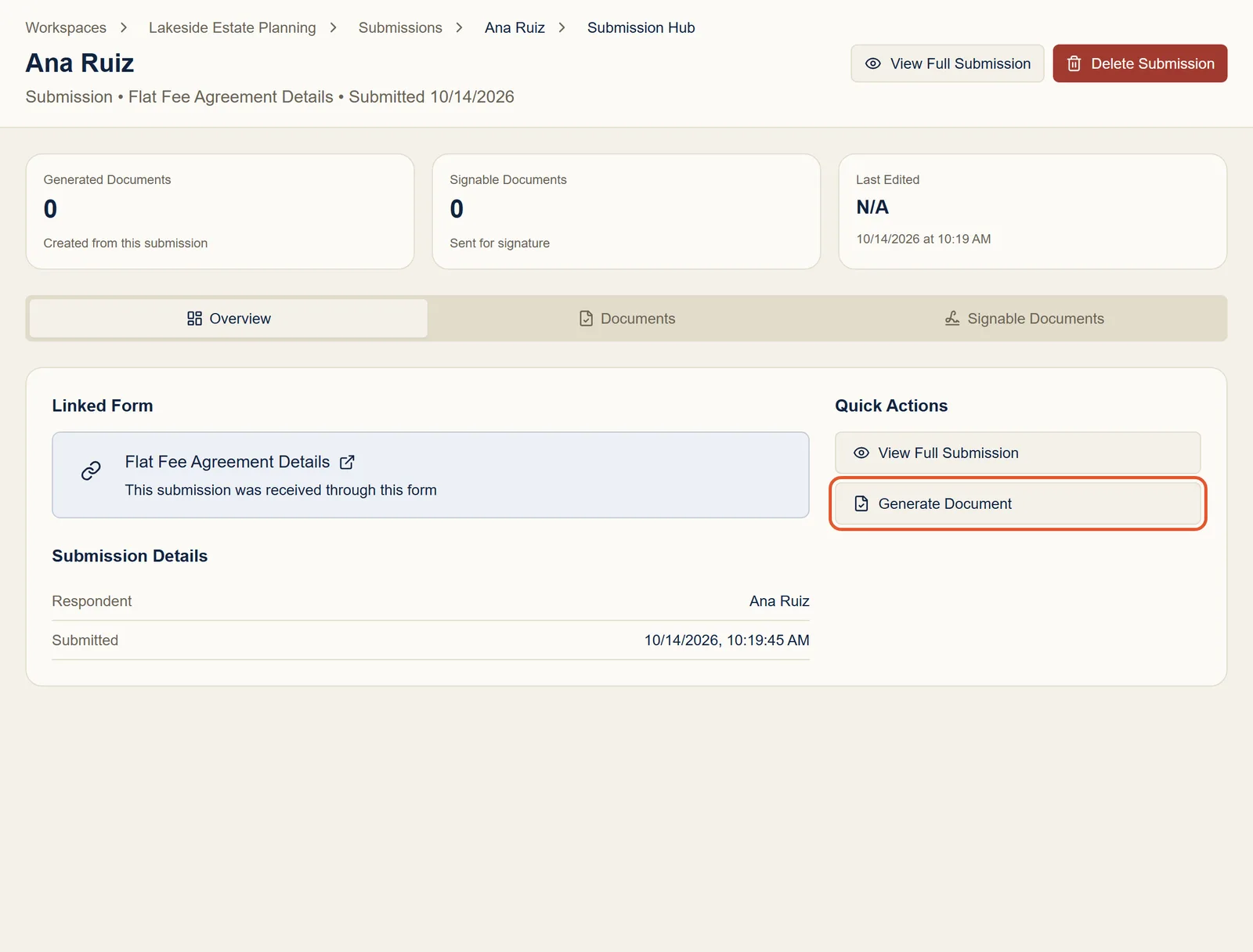 Ana Ruiz’s submission page, with the Generate Document button highlighted under Quick Actions