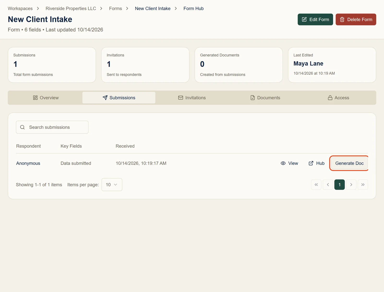 The form’s Submissions tab with one response, and the Generate Doc button highlighted