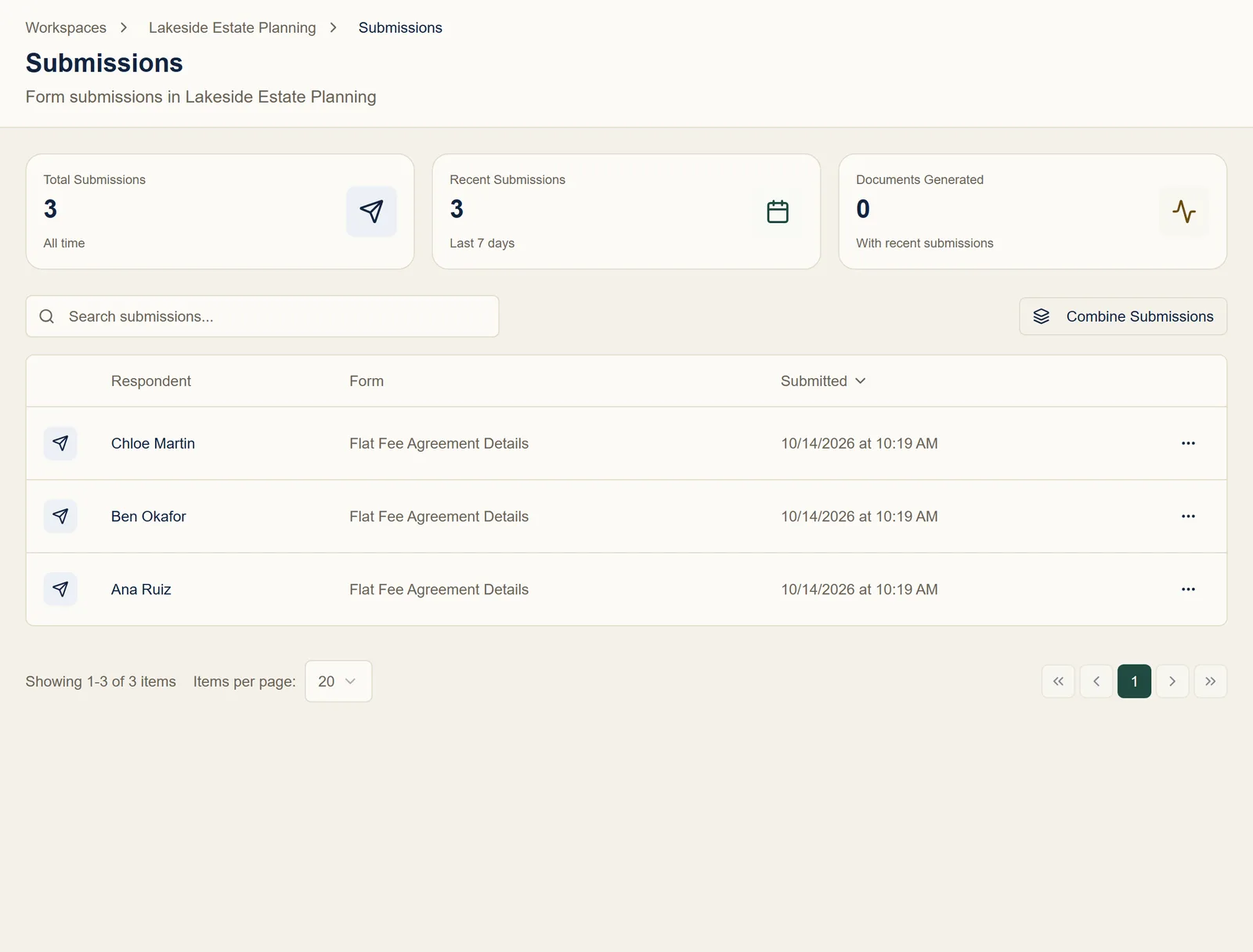 The workspace Submissions page listing responses from Chloe Martin, Ben Okafor, and Ana Ruiz to the flat fee agreement form