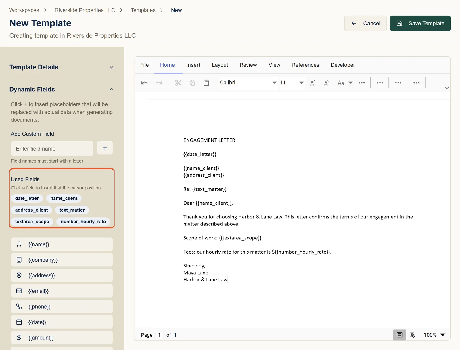 The template editor with the engagement letter typed in, and its six placeholders listed under Used Fields