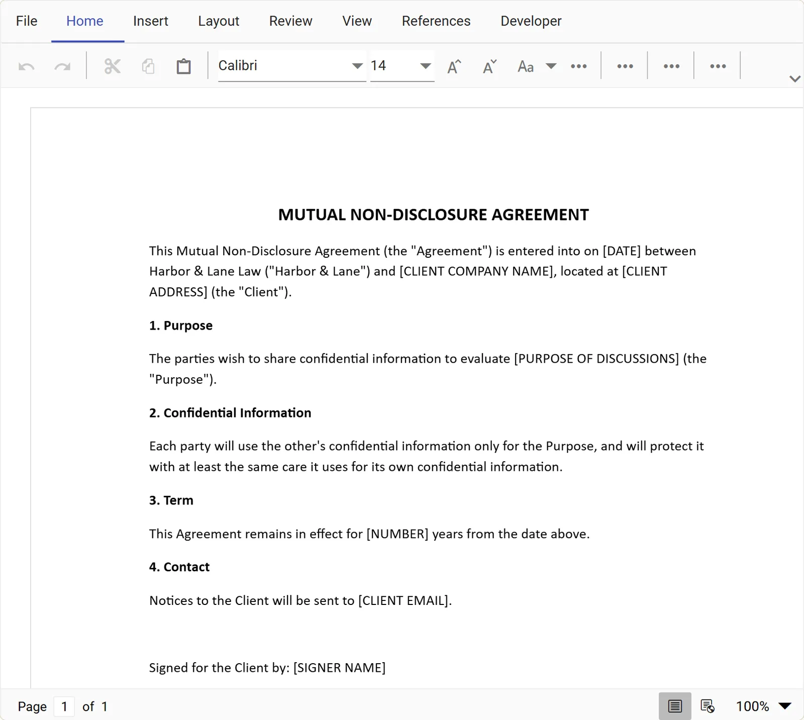 The mutual NDA opened in the template editor, with blanks such as DATE and CLIENT ADDRESS in square brackets